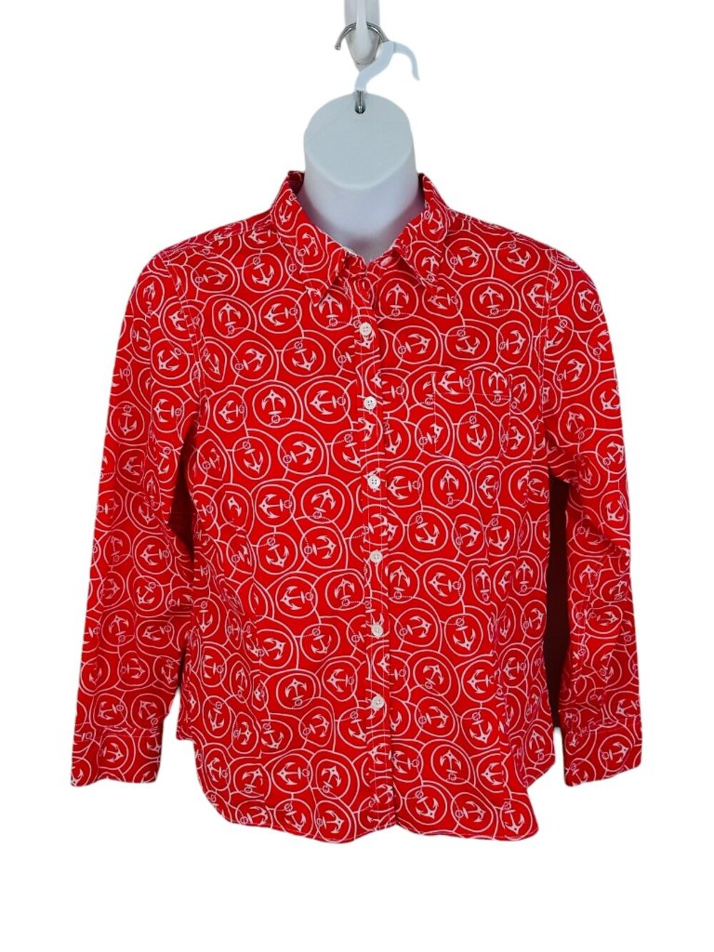 L.L. Bean Women's Size XL Anchor Nautical Print Long Sleeve Red White Shirt